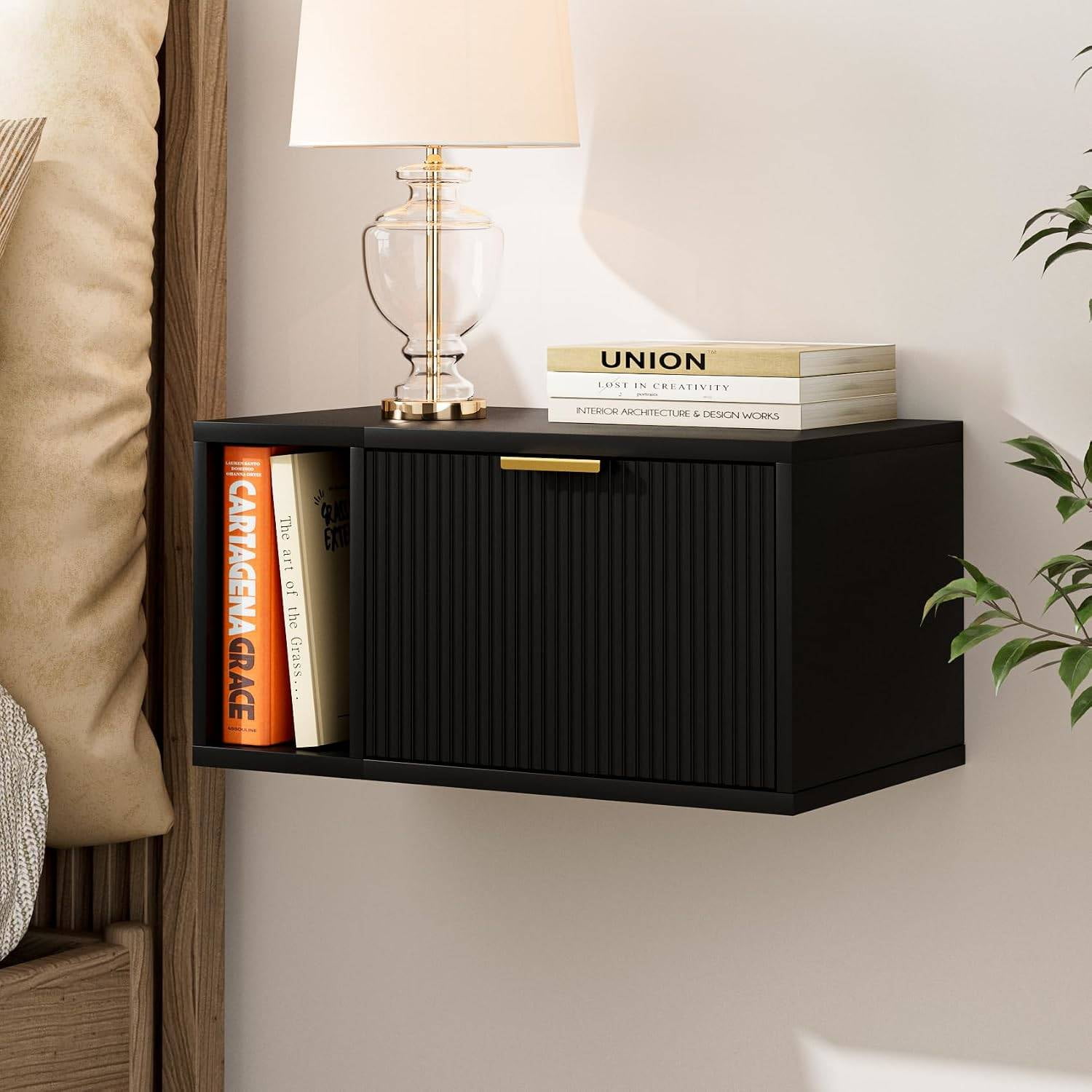 Floating Nightstand with Storage Drawer and Open Shelf Wall-Mounted Modern Bedside Table 19.3 x 11.4 x 10 Black
