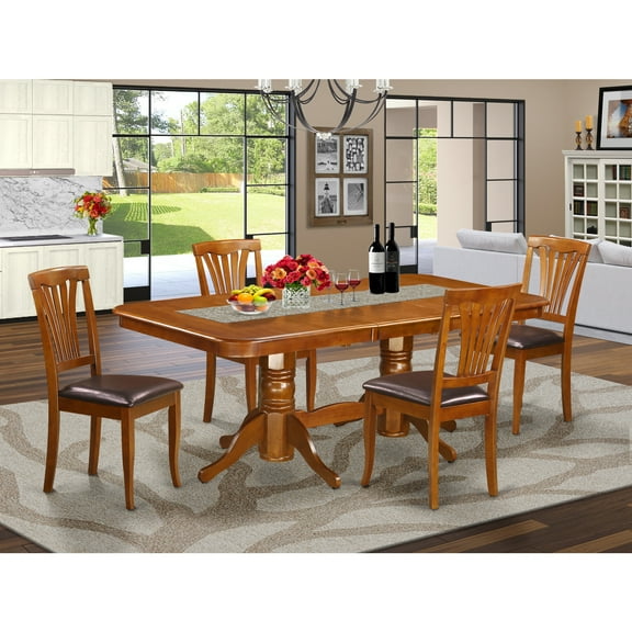 East West Furniture Napoleon 5-piece Dining Set w/ Leather Seat in Saddle Brown