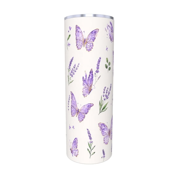 20oz Purple Butterfly Lavender Travel Tumbler with Handle and Straw Lid Floral Insulated Car Coffee Cup Gift for Women with Straw
