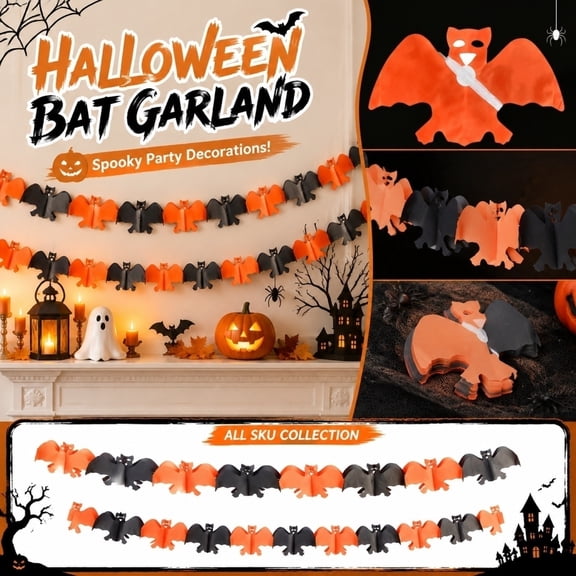 Halloween Bat Paper Garland, 3D Honeycomb Style, 1 Pack Pre-Assembled Banner, for Halloween Theme Party Haunted House Bar Home Indoor Outdoor Spooky Decorations