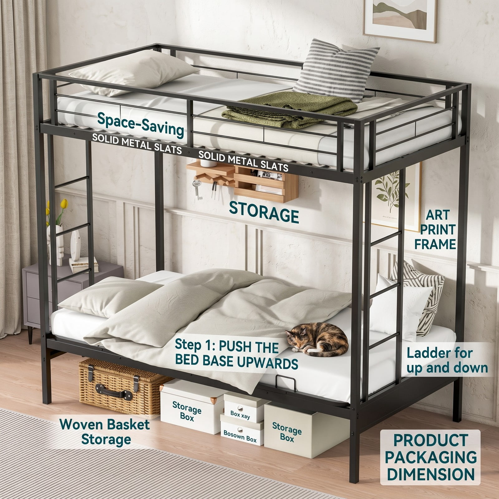 Furnibear Twin Over Futon Metal Bunk Bed with Convertible Sofa 2 Ladders and Guardrails for Guest Rooms and Dorms, Black