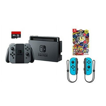 Nintendo Swtich 4 items Bundle:Nintendo Switch 32GB Console Gray Joy-con,64GB Micro SD Memory Card and an Extra Pair of Nintendo Joy-Con (L/R) Wireless Controllers Neon Blue,Super Bomberman R