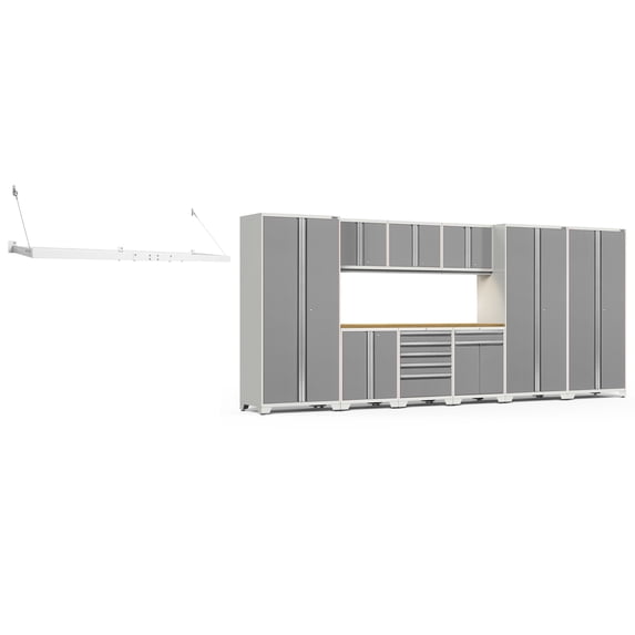 NewAge Products Pro Series Platinum 11 Piece Cabinet Set, Heavy Duty 18-Gauge Steel Garage Storage System, LED Lights / Wall Mounted Shelf Included