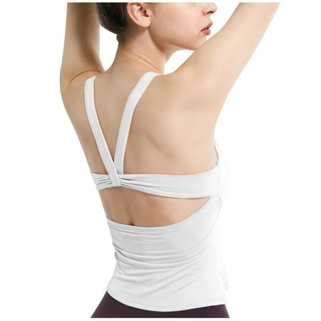 Mrat Shelf Bra Tank Tops Women s Solid Round Neck Casual Sports Tank Sleeveless Backless Tops Yoga Women s Clothing Racerback Workout Tank Tops for Women S-356 White XL