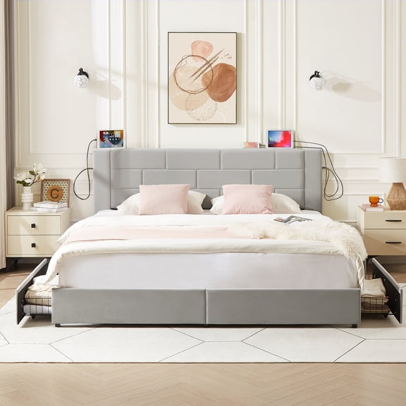 VECELO King Bed with Drawers, Upholstered Platform Bed Frame with Headboard USB Port, Wooden Slats Support, No Box Spring Needed, Light Gray