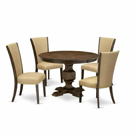 East West Furniture 5-Piece Kitchen Dining Table Set - Pedestal Dining Table and 4 Brown Color Parson Modern Chairs with High Back - Distressed Jacobean Finish