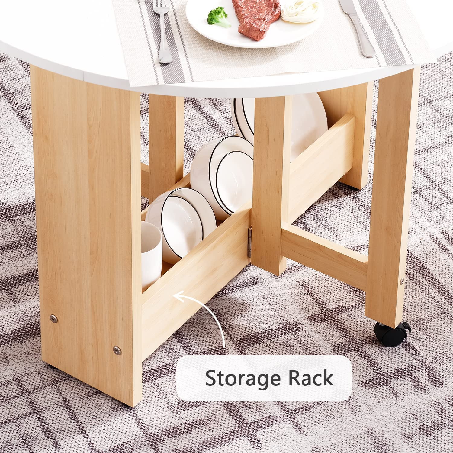 Space Saving Extendable Table with Storage Box and Wheels,Round Drop