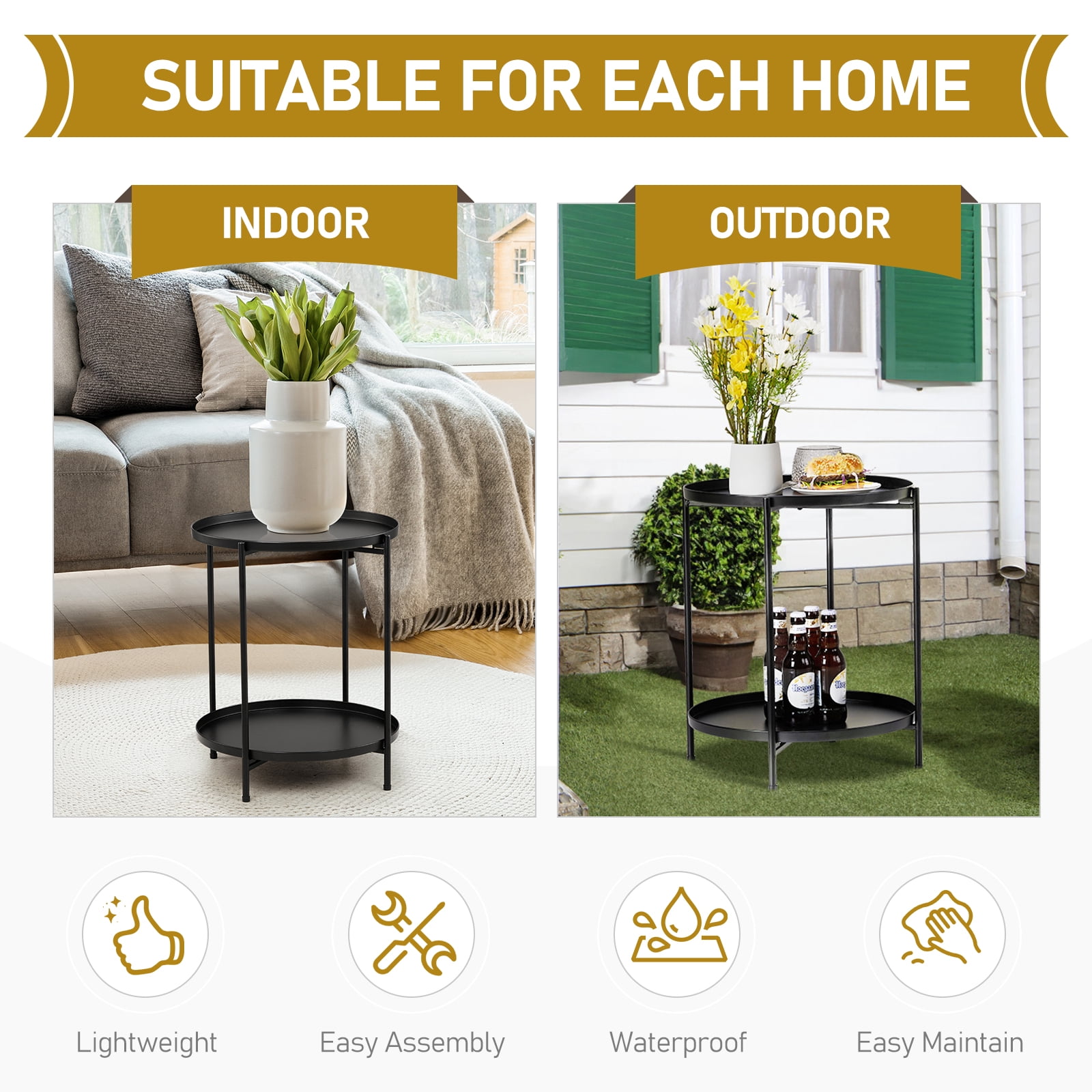 XIlee Side Table, End Table Metal Small Table Indoor Outdoor & Snack Bedside Table Sofa,with Removable Tray, Anti-Rust Metal Asional Table for Balcony Patio Living Room, Nightstand for Bedroom,Black