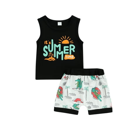

Musuos Newborn Boys Two-Piece Outfits Sleeveless Letter Printed Vest + Tropical Trees Printed Short Pants