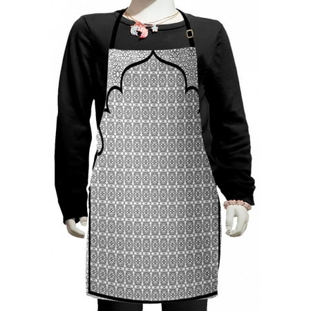 

Moroccan Kids Apron Art Background with a Group of Traditional Turkish Ottoman Forms Patterns Boys Girls Apron Bib with Adjustable Ties for Cooking Baking Painting Black White by Ambesonne
