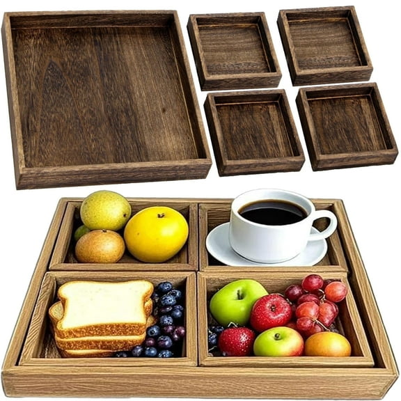 AzulHome Rustic Wooden Serving Trays with Handle, Serving Platters, Charcuterie Board Set of 5 Nesting Food Trays for Serving Food, Breakfast, Coffee Table