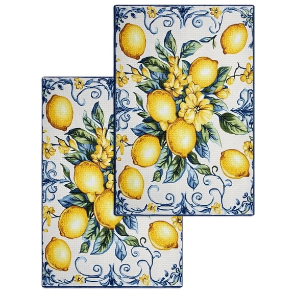 Yellow Lemon Kitchen Dish Towels for Drying Dishes Set of 2, Middle Century Blue Italian Textured Waffle Weave Microfiber Hand Tea Bathroom Towels Quick Dry & Absorbent Towel 15.7x23.6