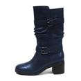 thumbnail image 2 of FSJ Women Casual Round Closed Toe Mid Calf Boots Chunky Low Heel Double Metal Buckle Strap Side Zipper Fashion Mid Knee High Shoes Size 8 Blue, 2 of 4