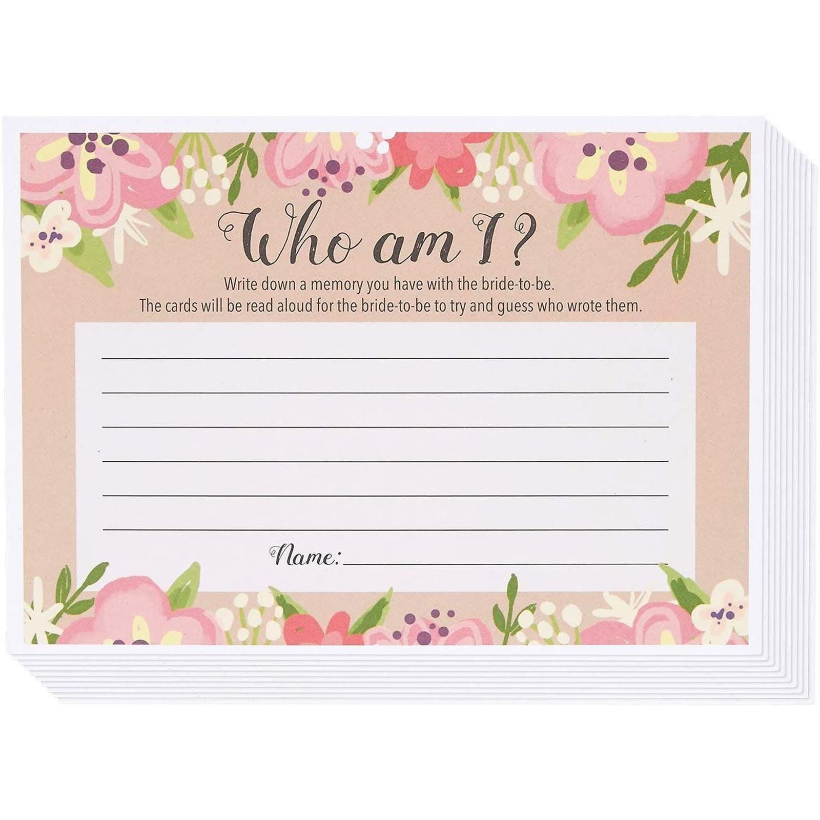 Floral Bridal Shower Who Am I Guessing Game, Rustic Party (50 Pack, x 7 Inches) - Walmart.com