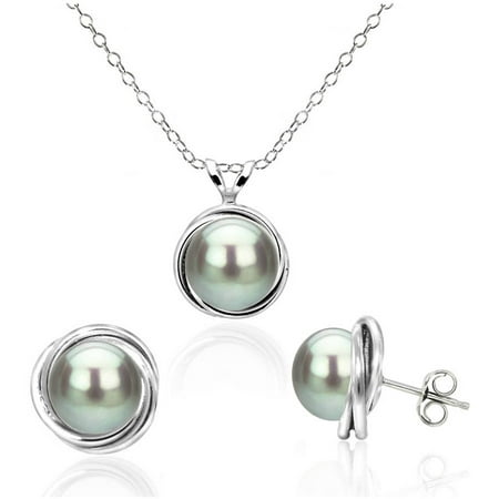 Sterling Silver 8-9mm Grey Freshwater Cultured Pearl Pendant and Earrings with Love-knot Bazel Design