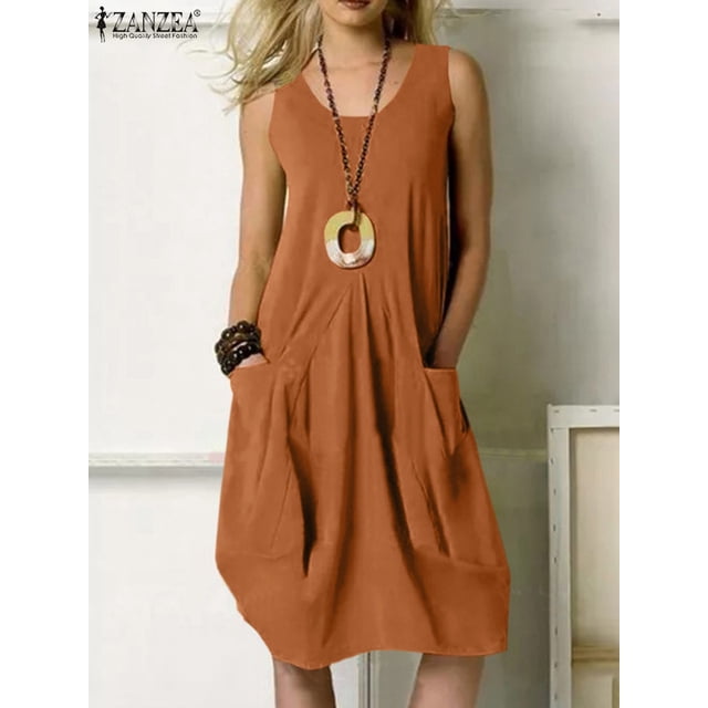 Robe Mini Décontractée Sans Manches à Encolure Dégagée pour Femmes, à Volants, Unie, de Plage, Surdimensionnée, Ample, Été