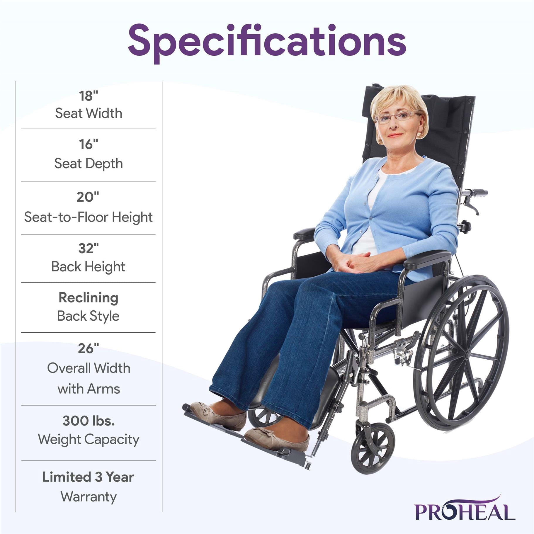 ProHeal Premium 18” Reclining Wheelchair with Elevating Legrests, Headrest Support, Removable Desk Arms, - 300LB Capacity