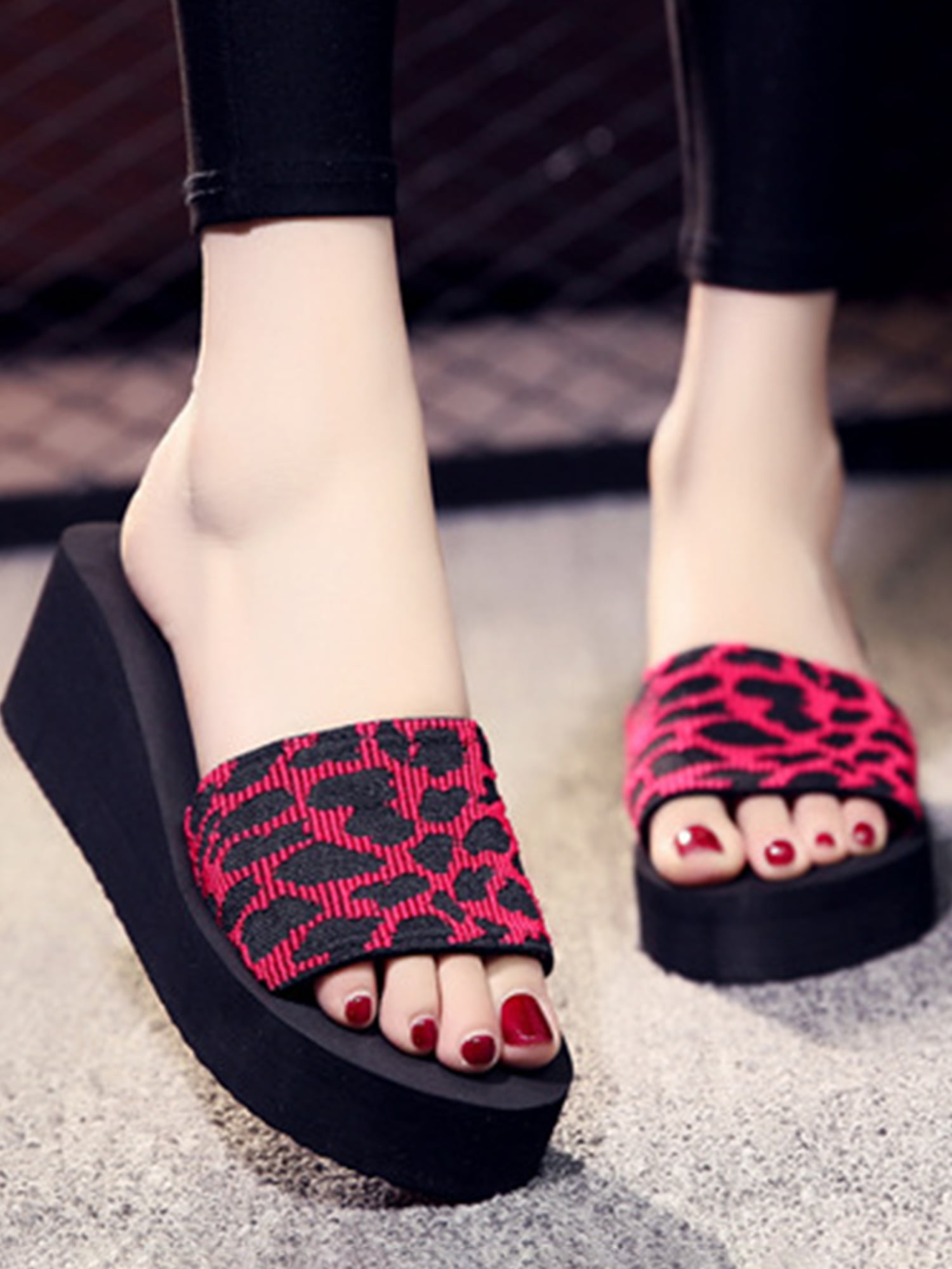 Womens Wedge Heels Platform Outdoor Slipper Open Toe Bowtie Leopard Casual Shoes 
