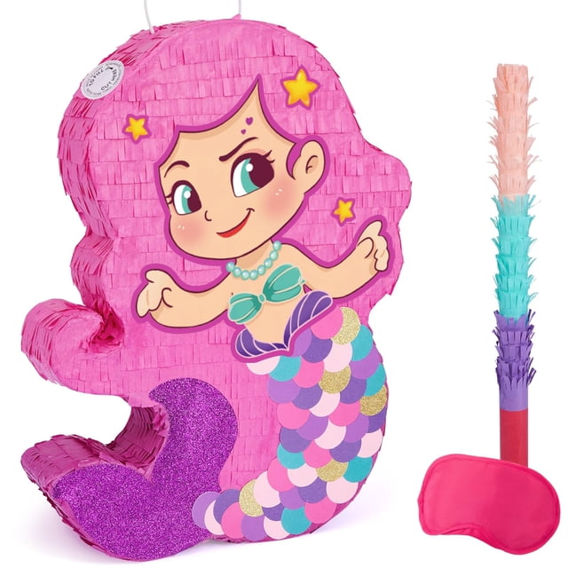 piñata wernnsai sirena para fiesta de cumpleaños para niñas, 40 x 31 cm — piñata de sirena rosa 40 x 31 cm con flecos de papel, cola con escamas multicolor y detalle brillante, asa reforzada superior; incluye palo con flecos, venda para los ojos y calcomanía; vista frontal centrada sobre fondo blanco, ideal para rellenar con dulces y usar en fiestas temáticas o como decoración de habitación.
