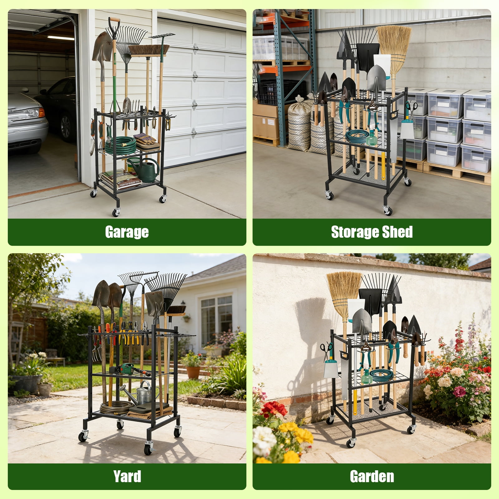 RELOIVE Garden Tool Organizer with Wheels, Metal Yard Tool Rack with Hooks for Garage Storage,Heavy-Duty Storage Holder for Yard Backyard
