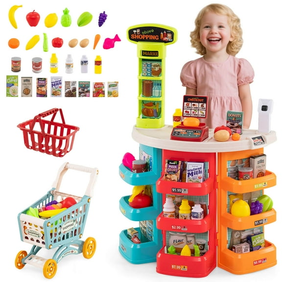 Costway 76 PCS Pretend Play Grocery Store Set with Shopping Cart Scale Scanner Light Sound Multicolor
