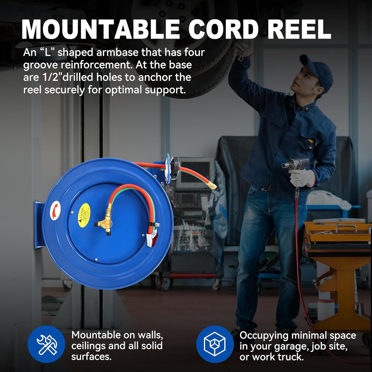Retractable Air Hose Reel, Heavy Duty Welding Hose Reel 1/4" Inch x 50' Foot Twin Oxygen Acetylene Rubber Hoses STD Duty Max 200 PSI Industrial Single Arm Construction