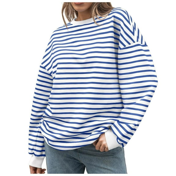 Tunic Tops for Women Loose Fit Winter Crew Neck Long Sleeve Rolled Drop Shoulder with Pocket Striped Pullover Cotton Hoodies Sweatshirts(Blue,S)