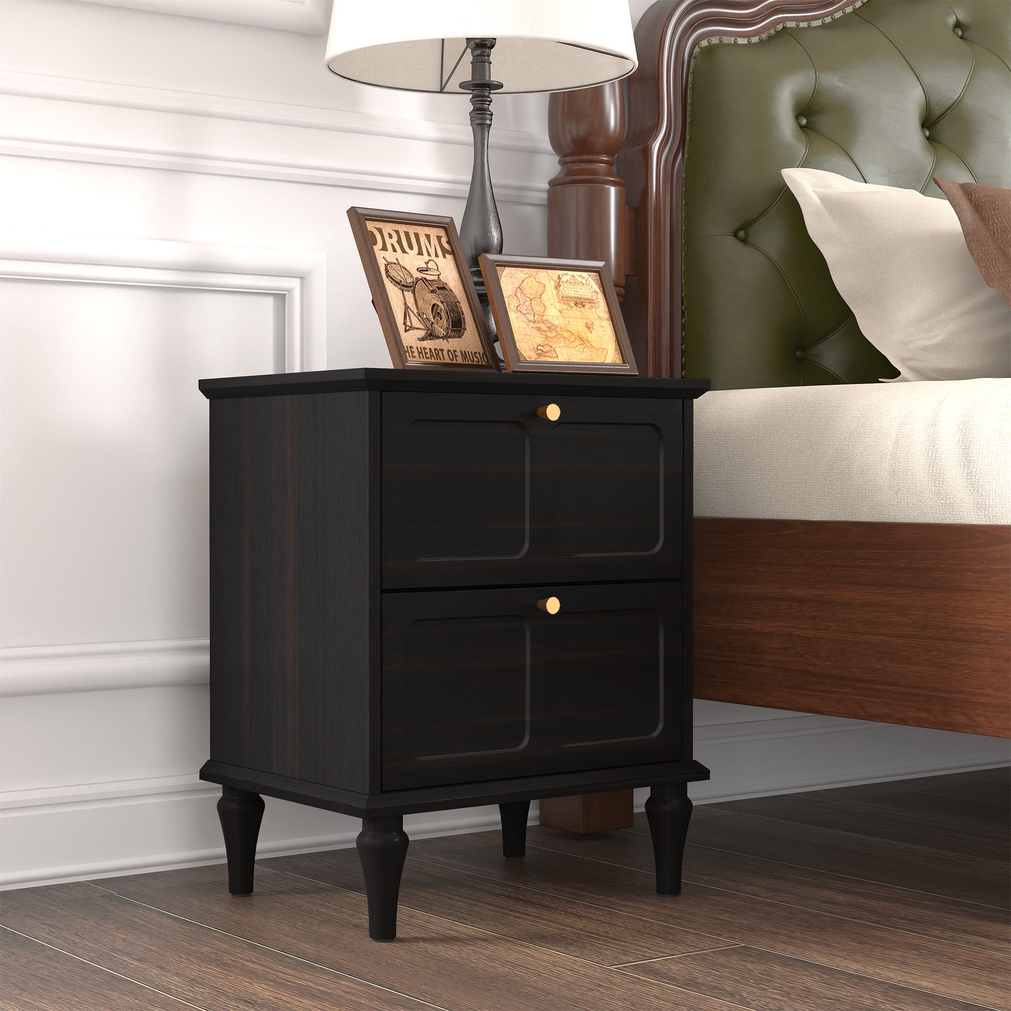 HLR 20" Mid Century Nightstands Set of 2 with Drawers, Wood Bedside Table End Table for Bedroom, Black