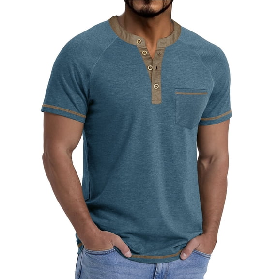 Jessboyy Mens Henley Short Sleeve Shirts 4 Button up Henley Shirts for Men with Pocket Regular Fit Cotton Tees Business Casual Summer Work Tshirts Blue XL