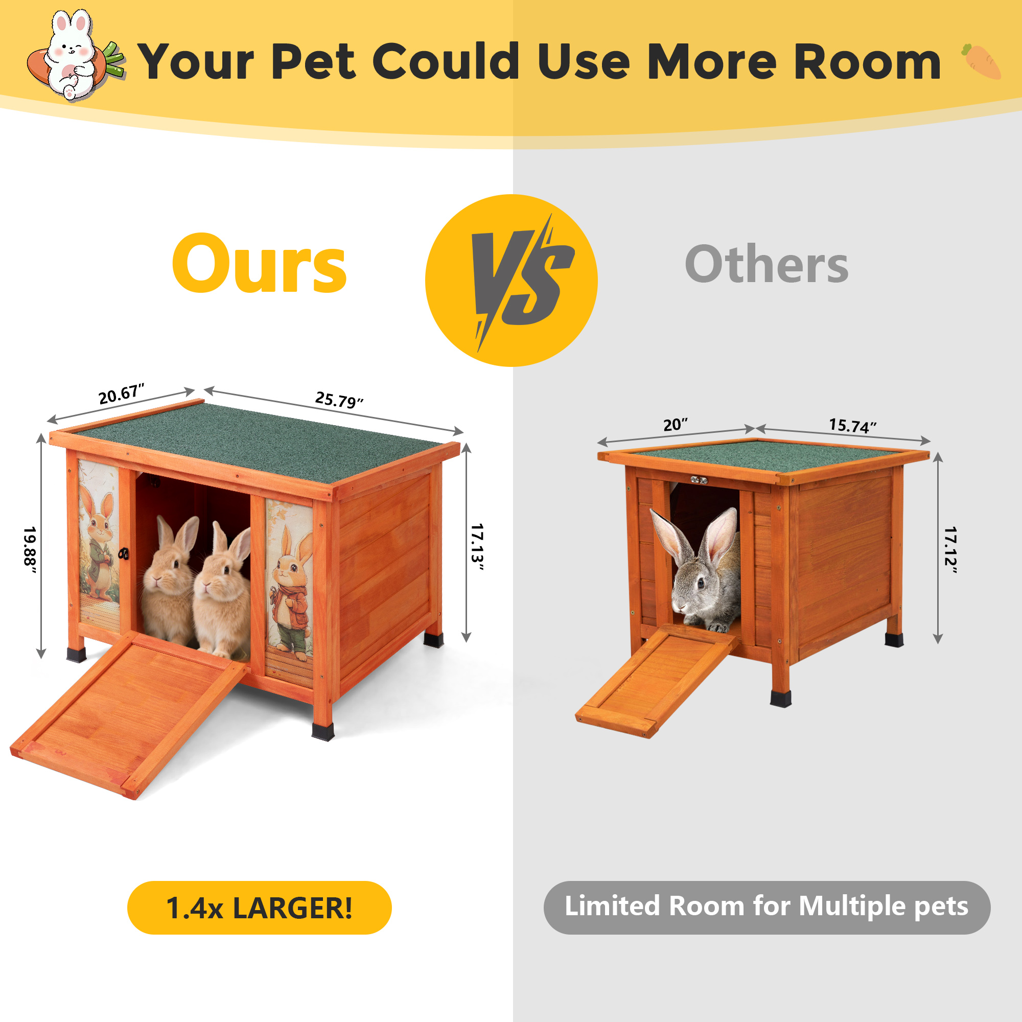 24'' Small Rabbit Hutch Outdoor, Bunny Cage for Small Animal with Weatherproof & Openable Top, Wooden Cat House for Indoor & Outdoor Use