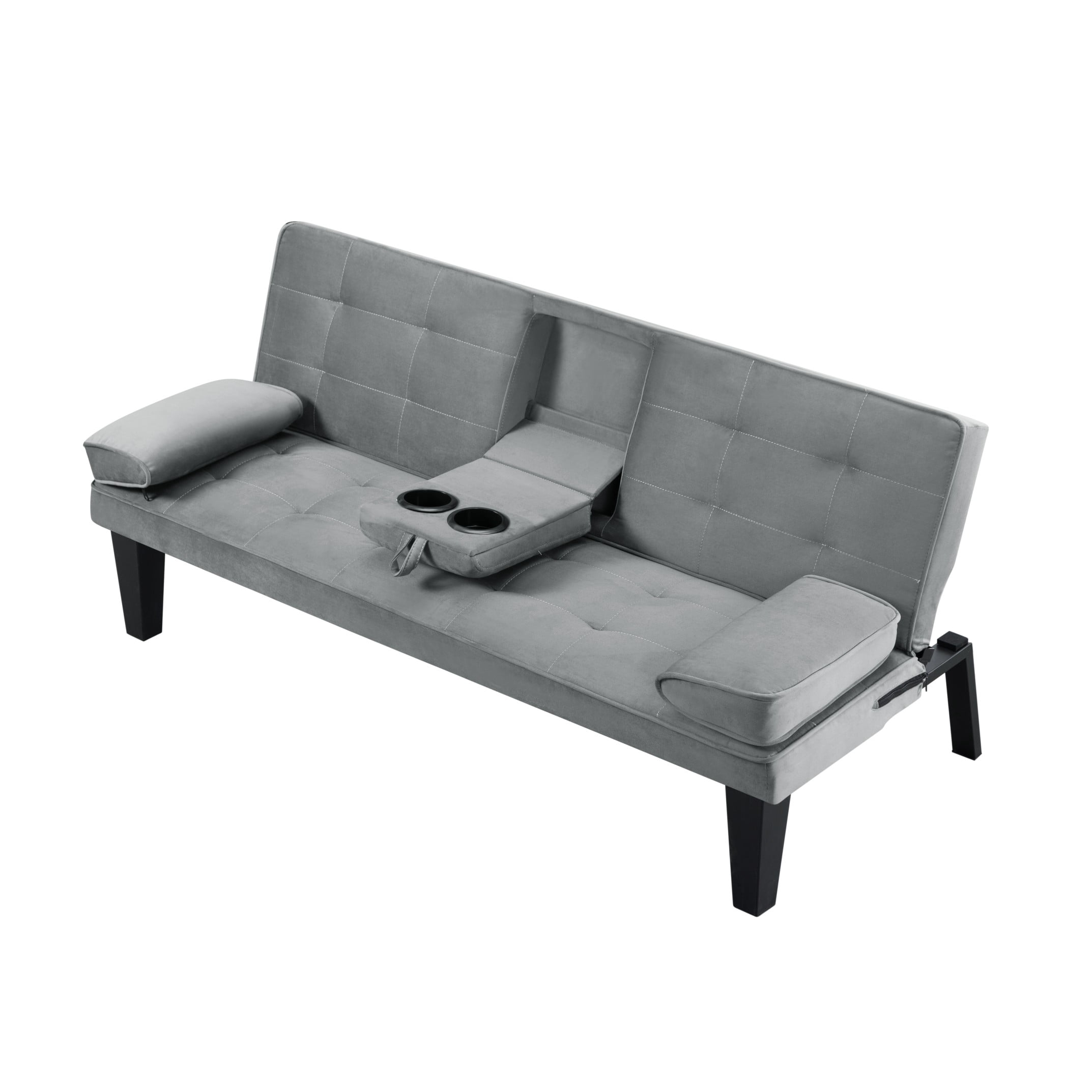 BSHTI 65" Futon Sleeper Sofa Bed with Drop-Down Middle Back & 2 Cup Holders, 3-Position Adjustable Backrest, Velvet Upholstery, Removable Arm Cushions,Gray Velvet