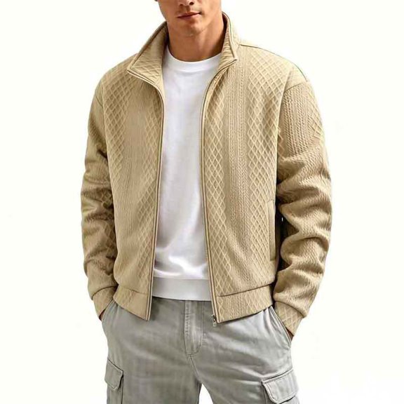 Ceisia Men Diamond Grid Jacquard Stand Collar Full Zip Lightweight Jacket Long Sleeve Casual All Match Outerwear Coat Gift