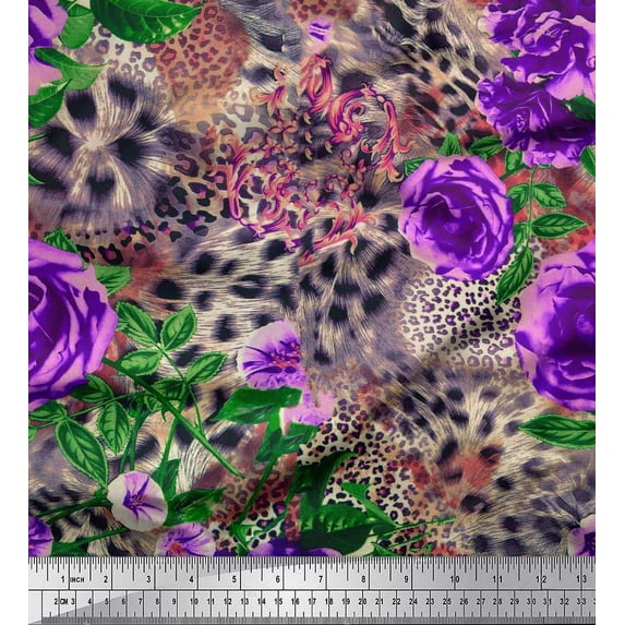 Soimoi Purple Crepe Silk Fabric Leopard Skin,Leaves & Floral Fabric Prints by Yard 42 Inch Wide