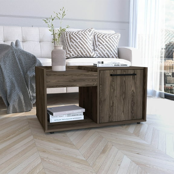 Coffee Table,Single Door Cabinet,One Open Shelf,Dark Walnut