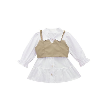 

Sunisery 2Pcs Kids Girls Summer Outfits Solid Long Sleeves Shirt Dress Strappy Vest Lapel Shirt Dress Vest White 12-18 Months