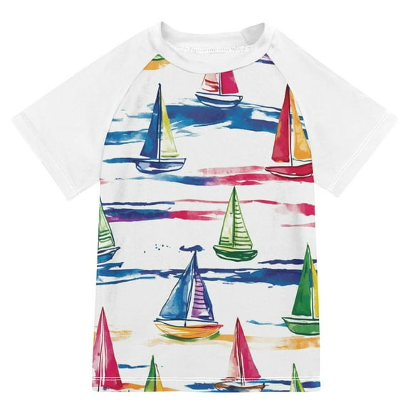 FORMRS Boys Rash Guard Short Sleeves Swim Shirt Quick Dry UPF 50 Sun Protection, Sizes 3-12T, Hand Drawn Sailboats