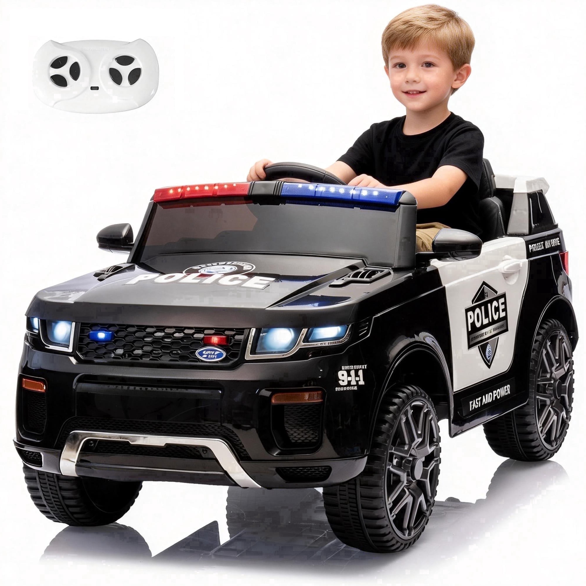 TULILLO Electric Police Car for Kids, 12V Kids Ride on Toys w/ Remote, Music, LED Lights, Megaphone, Ages 3+