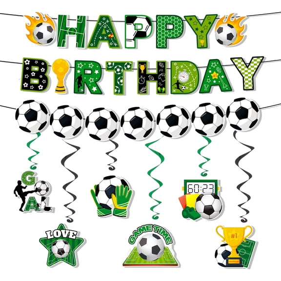 8 Pcs Soccer Birthday Party Decorations Set - Happy Birthday Soccer Banner, Soccer Foil Hanging Swirls & Soccer Garland for Soccer Birthday Party Supplies