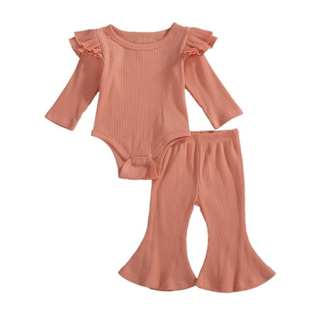 

Bebiullo Newborn Baby Girl Boy Romper Bodysuit Top Ribbed Bell Bottom Pants Set 2Pcs Outfits