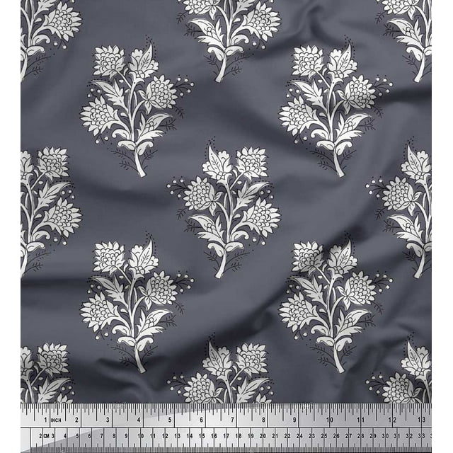 Soimoi Silk Fabric Leaves & Floral Block Print Fabric by The Yard 42 Inch Wide