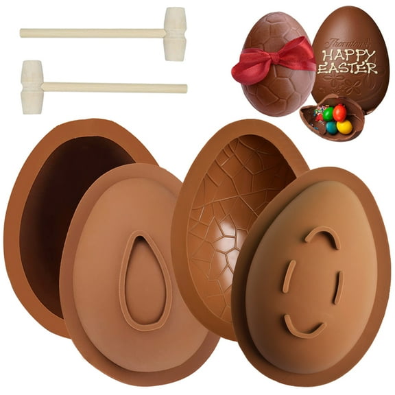 4PCS Easter Egg Silicone Mold for Chocolate Breakable Large Baking Molds Non-Stick DIY Baking Cake Candy Molds with 2 Wood Hammers for Easter Decorations Brown