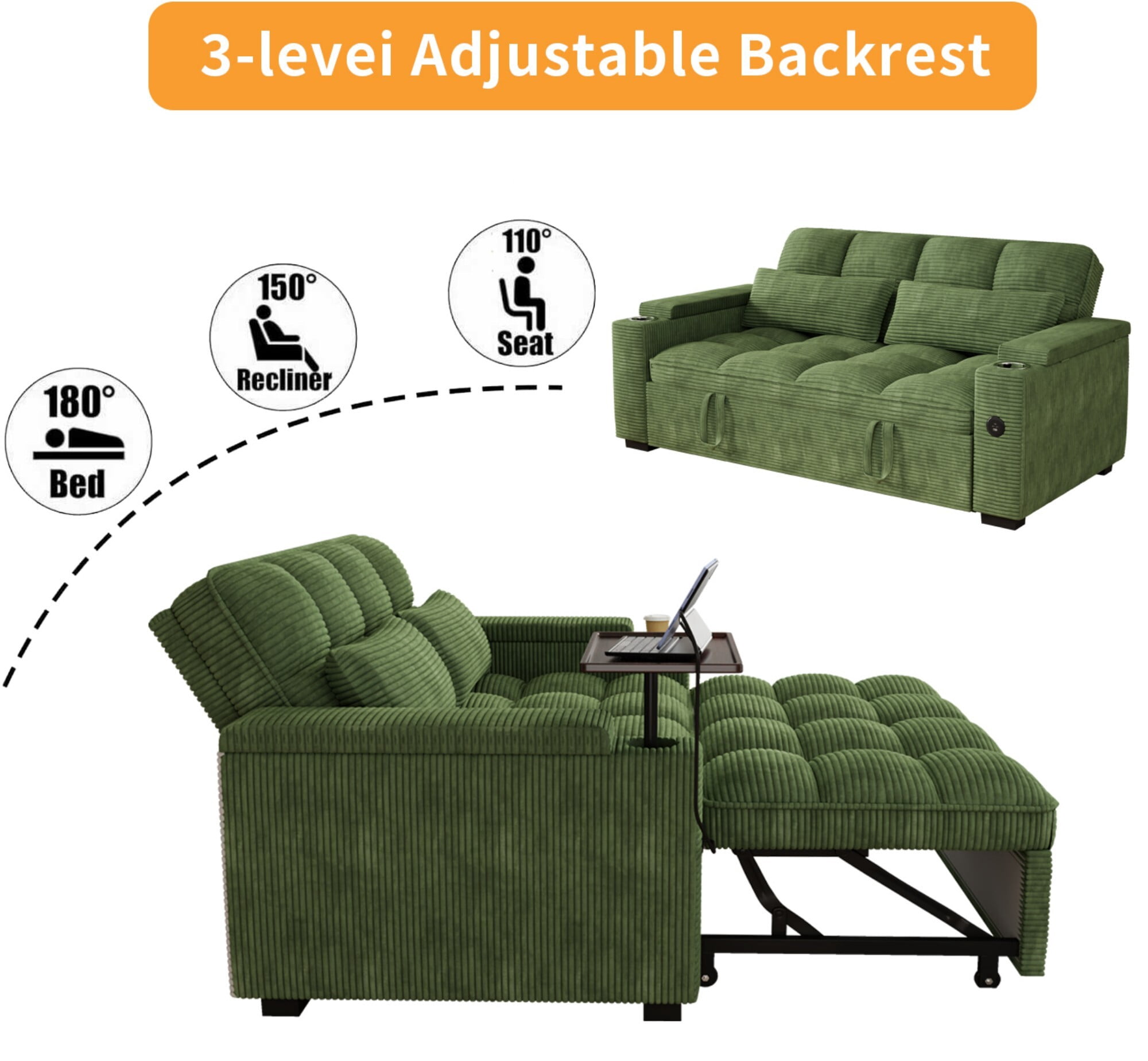 DEALTOPS 65" Corduroy Sleeper Sofa Bed, 3-Position Pull Out Couch with 360° Swivel Table, USB & Storage, Green