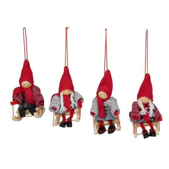Set of 4 Colorful Holiday Kids on Sleds Christmas Ornament Decorations 4"