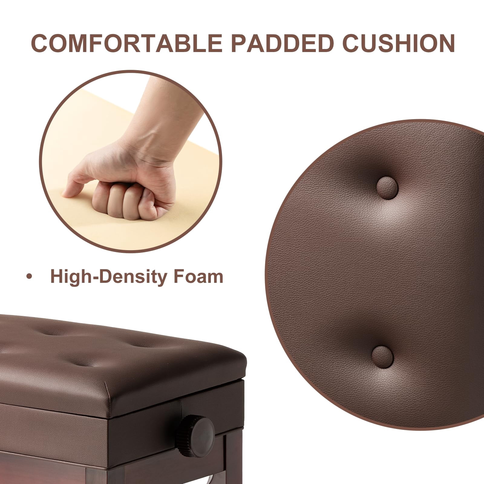 Adjustable Height Piano Bench Stool Pu Leather Cushion Wooden Keyboard Seat With Music Storage (brown)