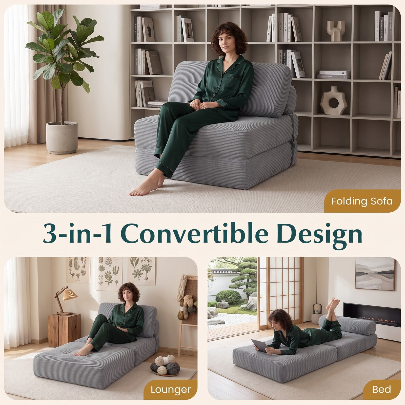 Furnibear Folding Sofa Bed with Pillow and Back Support, 3-in-1 Convertible Corduroy Floor Couch Sleeper Lounger for Living Room Bedroom Guest Room, 355 lbs, Gray