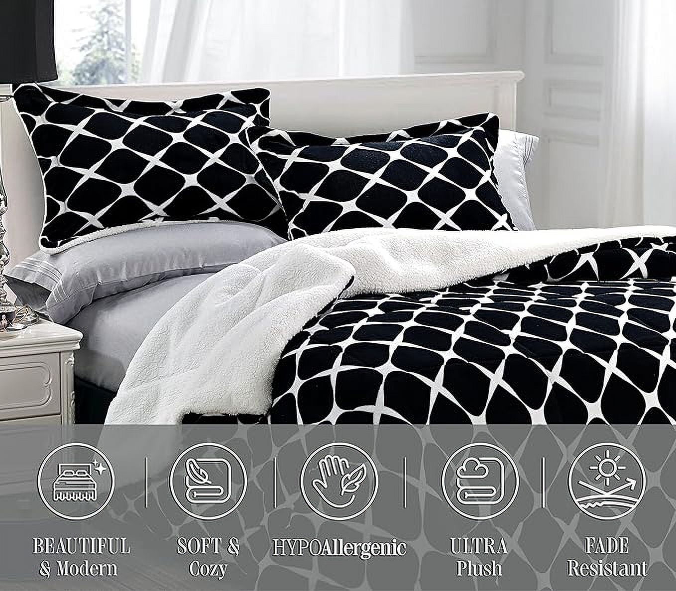 Elegant Comfort 3-Piece Luna Ogee Pattern Collection, Reversible Sherpa Comforter, Soft, Breathable & comfy Fabric, High Quality Micro-Suede, Ogee Pattern Sherpa Comforter, Full, Jet Black