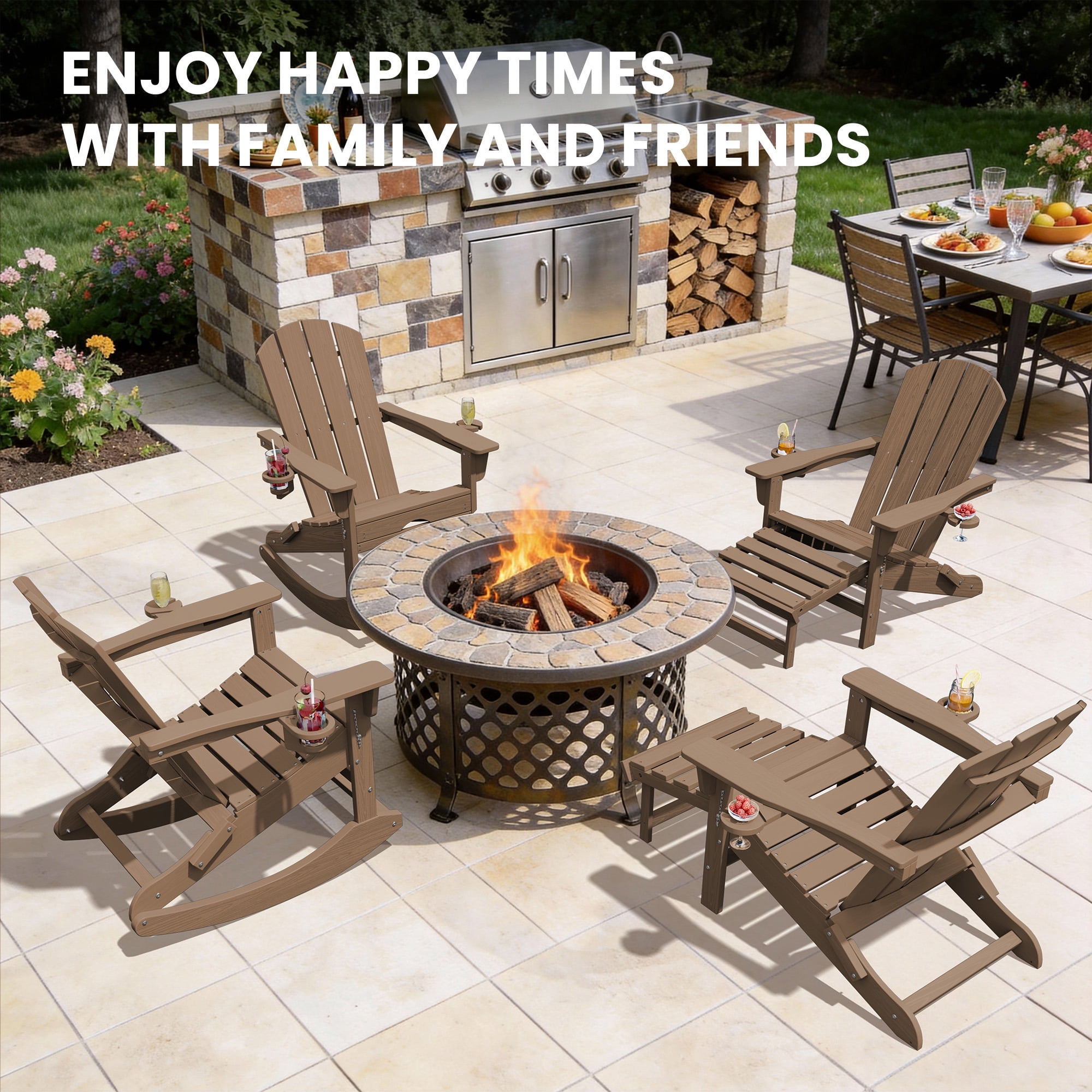 KINGYES Adirondack Rocking Chair Set of 2 with Retractable Ottoman and Cup Holders, HDPE Adirondack Rocker, Patio Rocking Chair for Porch, Patio, Brown