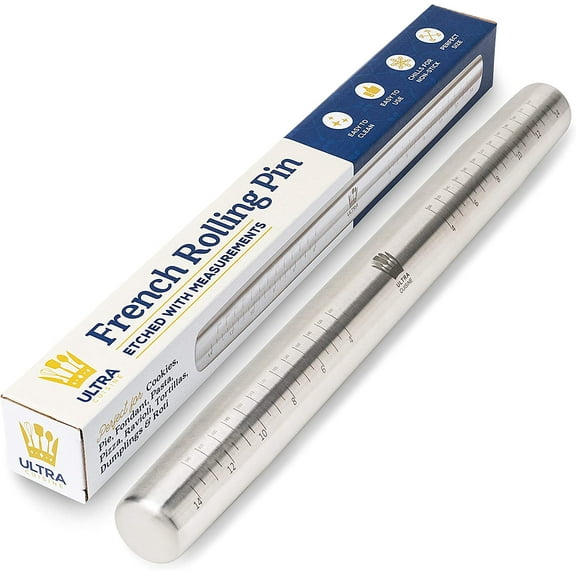 French Rolling Pin for Baking – Tapered Stainless Steel Design with Measurements, Professional or Home Use with Pizza, Cookie, & Pastry Dough, or Fondant and Pie Crust – Dishwasher-Safe