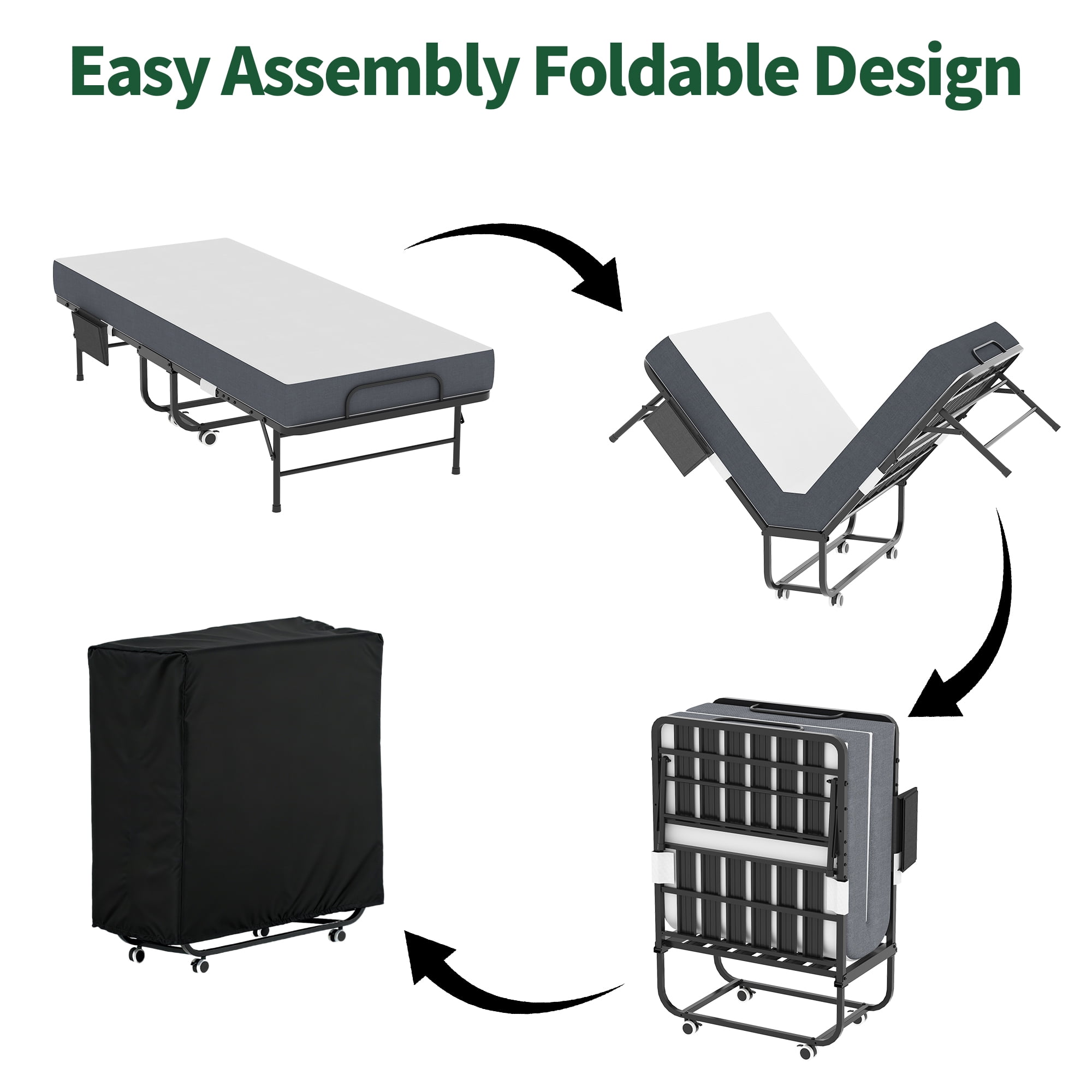 HOQBN 75"x31" Folding Bed with 5" Memory Foam Mattress,Space Saving Rollaway Guest Bed,Heavy-Duty Metal Frame on Wheels,Portable Twin Bed for Adults & Guests