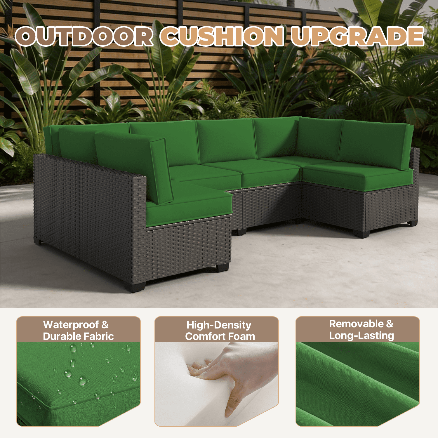 BaPiPro 6-Person Dark Green Outdoor Sectional Sofa Cushions, Waterproof Polyester Patio Cushions with High-Density Sponge & Side Pillows, No Assembly for Backyard, Porch, Deck & Poolside